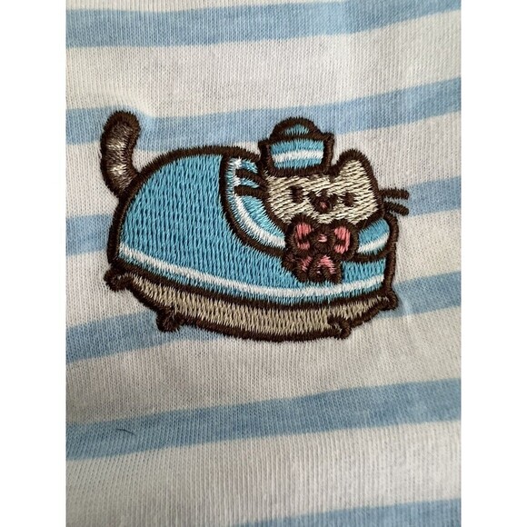 Pusheen Cat T-shirt L/S Loose Fit Blue & White Stripe Size Small Crew Neck EUC - Picture 3 of 6